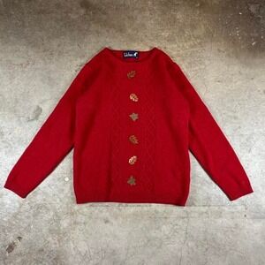 Tulchan Red Cable Knit Sweater Embroidered Leaf Crew Neck Womens Small